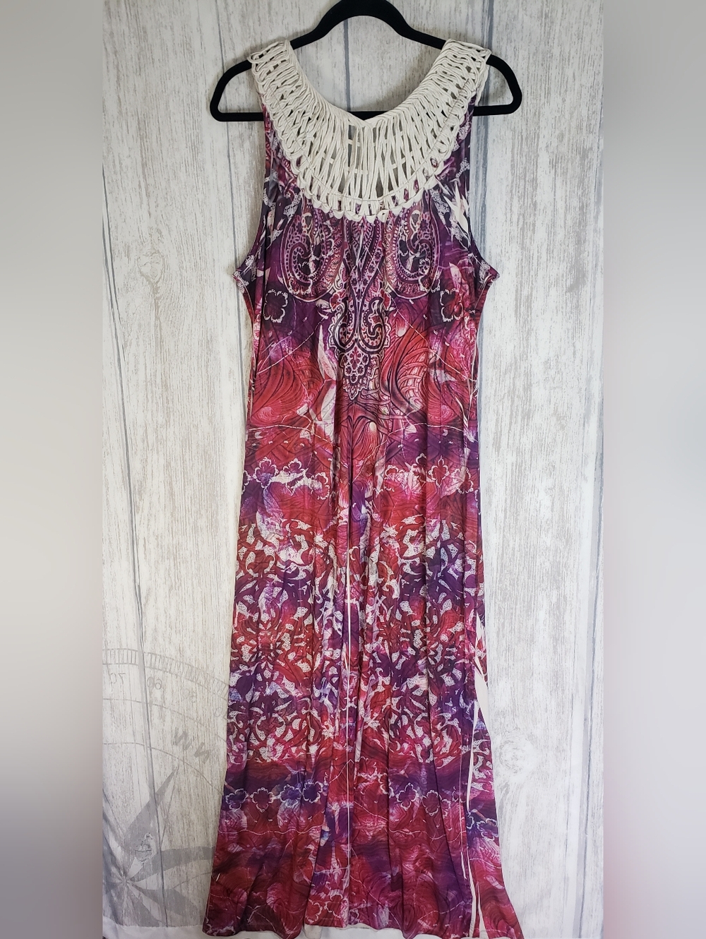 ONE WORLD Pink & Purple Sublimation Maxi Dress Crochet Straps Stretchy XL 1i - Picture 2 of 9
